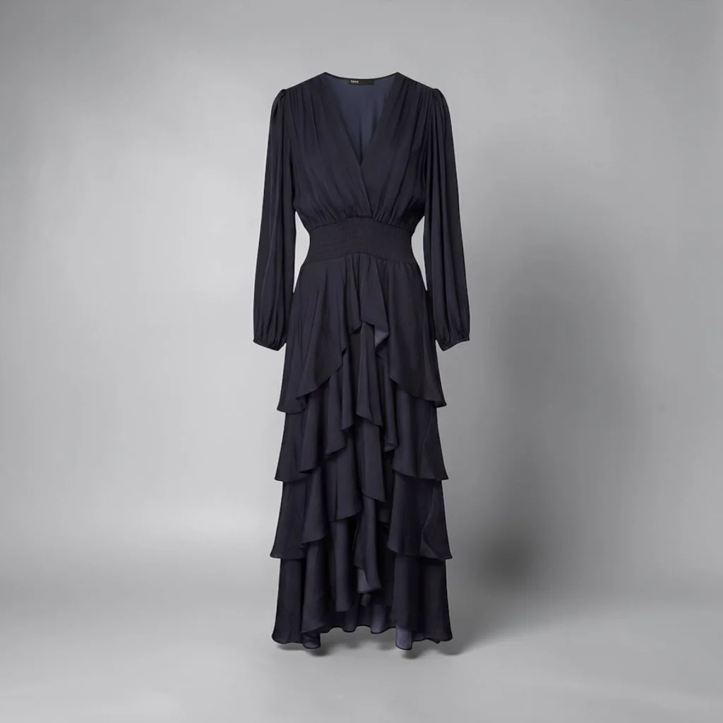 Navy tiered midi dress with long sleeves, photographed flat